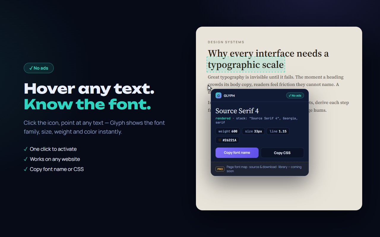 Glyph font identifier card showing font family, size, weight, line height and color of hovered text